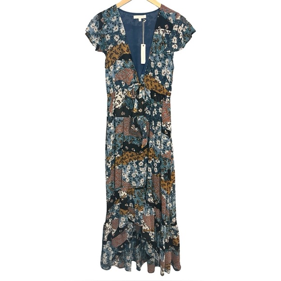 NWT Olivaceous Floral Mixed Print Tie Front Maxi Dress - Picture 1 of 6